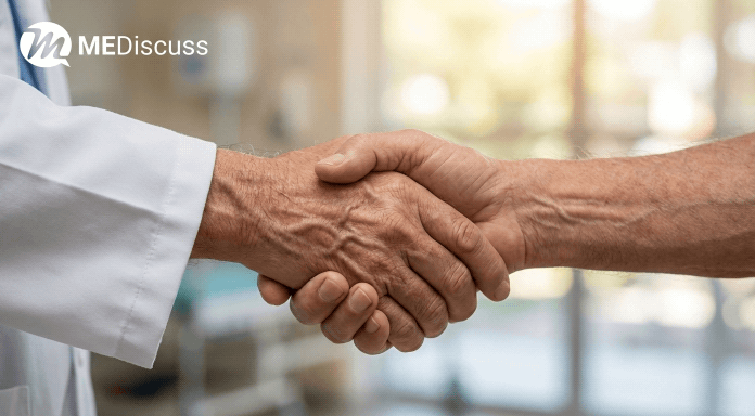 A close-up photograph of a doctor in a white coat shaking hands with an older patient, symbolizing trust and compassion in the doctor-patient relationship.