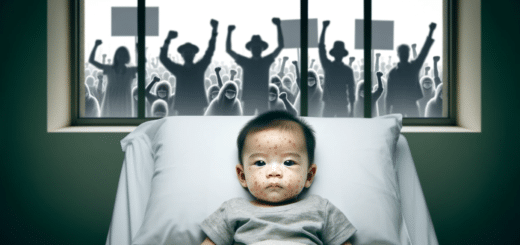 anti-vax protesters and a baby with measles