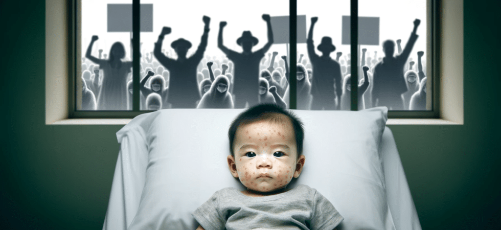 anti-vax protesters and a baby with measles
