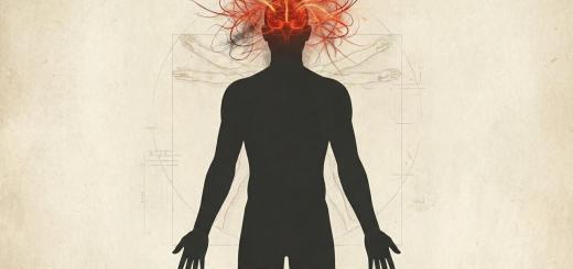 Medical illustration of the 'Modern Paradox': A human silhouette featuring a heavy, dark grey body representing physical inertia (Tamas) contrasted with a head filled with chaotic fiery red lines representing mental anxiety and hyperactivity (Rajas).