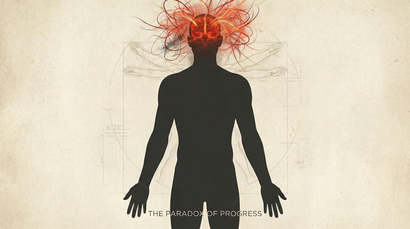 Medical illustration of the 'Modern Paradox': A human silhouette featuring a heavy, dark grey body representing physical inertia (Tamas) contrasted with a head filled with chaotic fiery red lines representing mental anxiety and hyperactivity (Rajas).